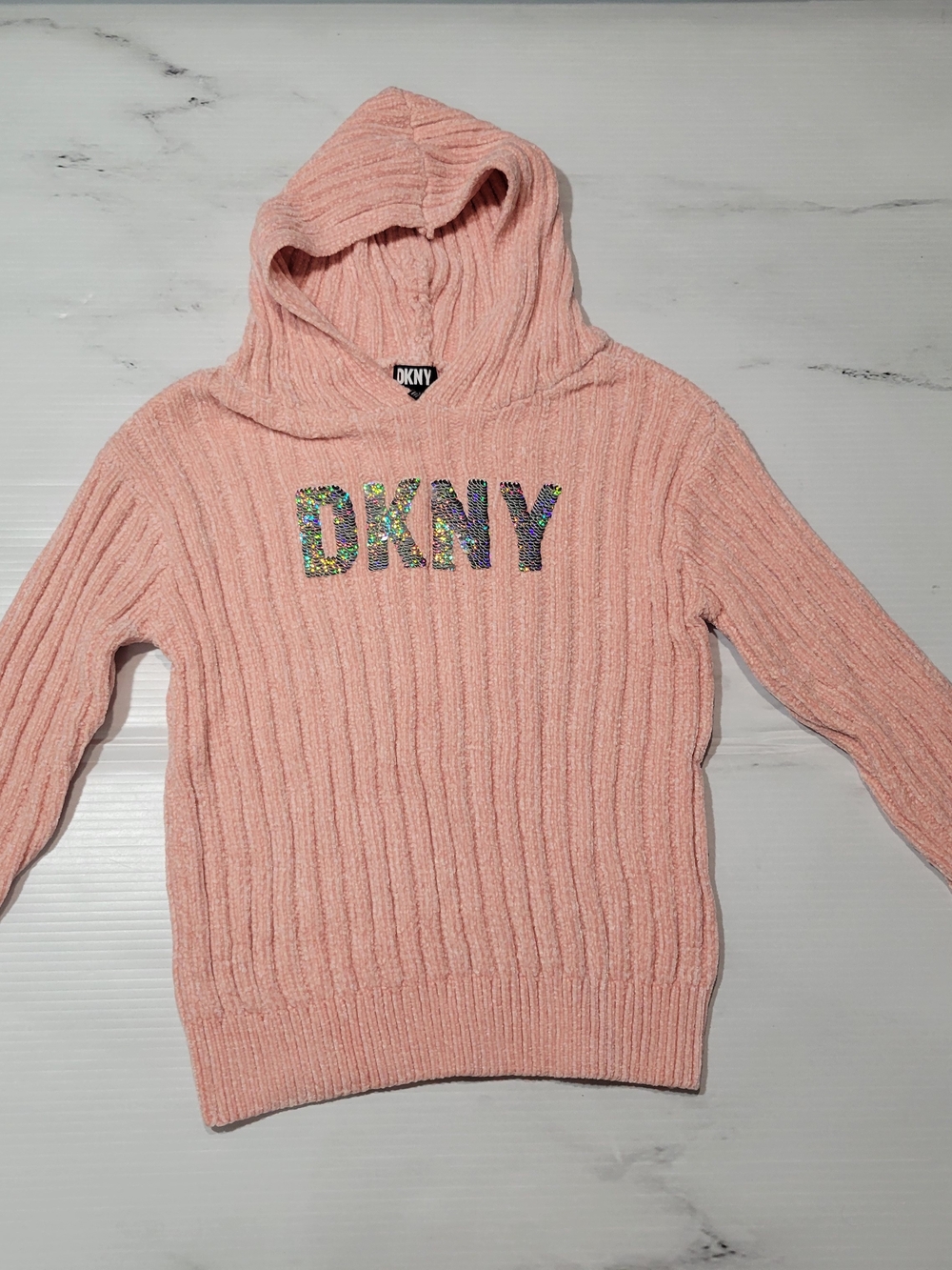 DKNY Girls Size 6X Light Pink Chenille Ribbed Knit Sequin Logo Hooded Sweater